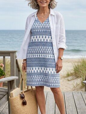 J. Jill Dress Women's XL Petite Blue White Striped Floral Wearever Jersey Knit